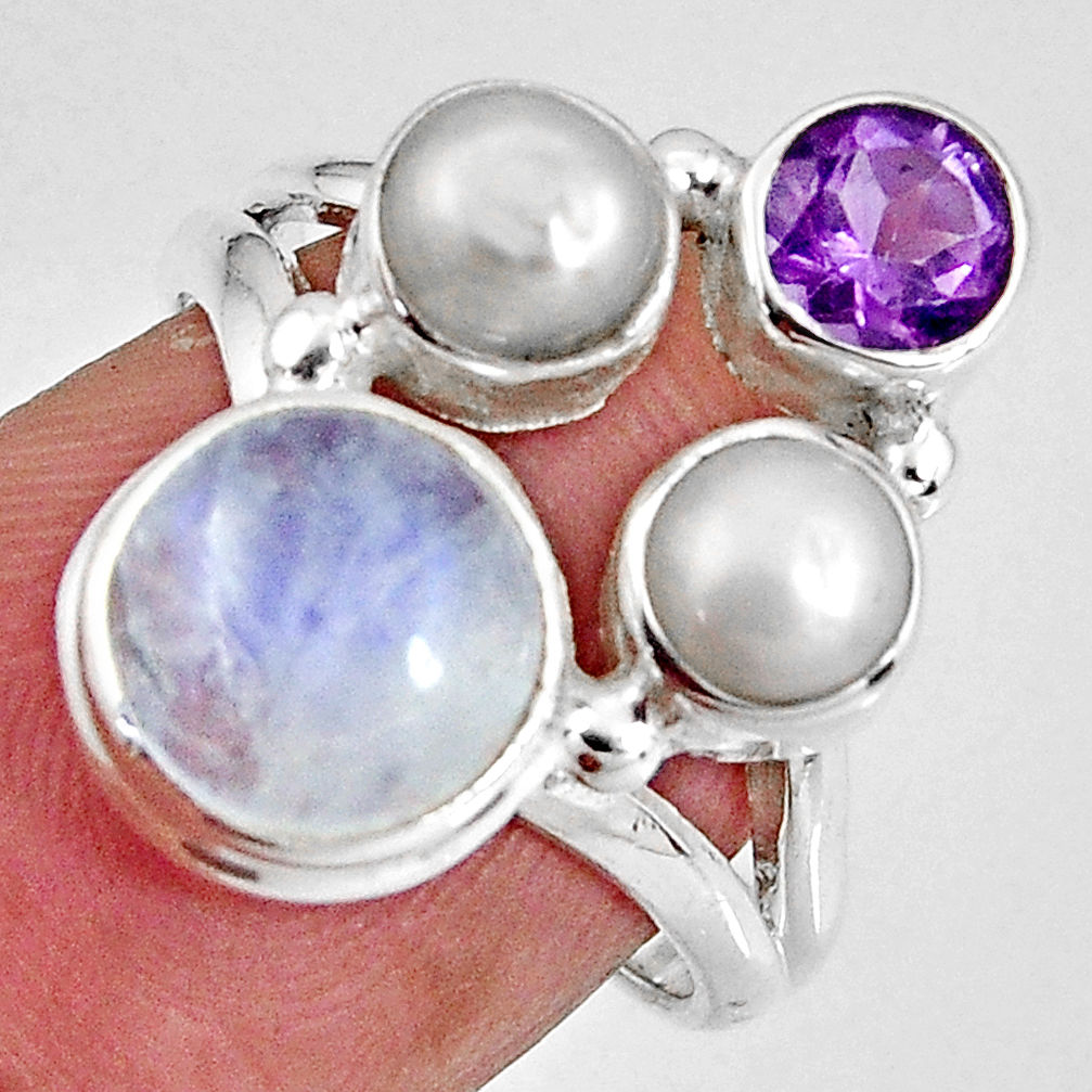 8.03cts natural rainbow moonstone amethyst pearl 925 silver ring size 6.5 p90642