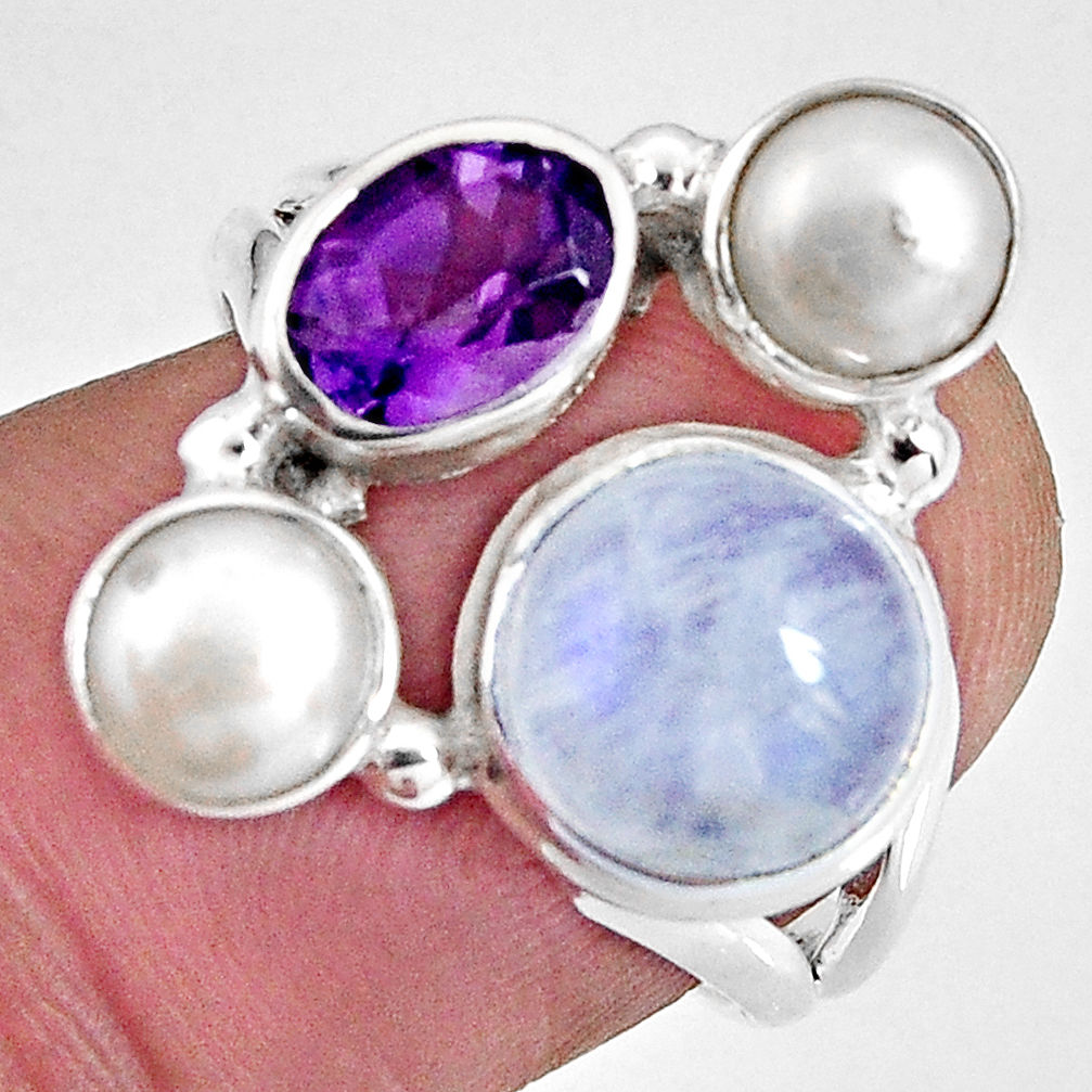 8.42cts natural rainbow moonstone amethyst pearl 925 silver ring size 7.5 p90643