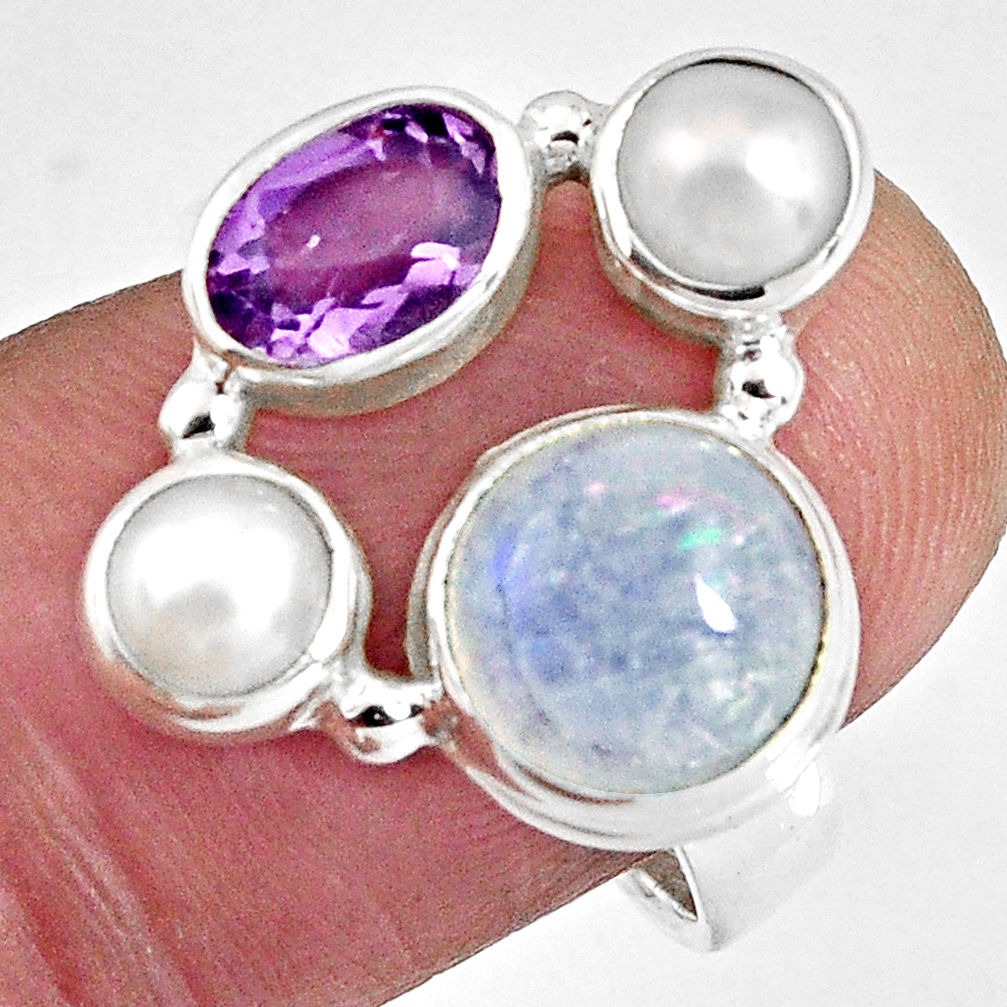 7.82cts natural rainbow moonstone amethyst pearl 925 silver ring size 7.5 p90653