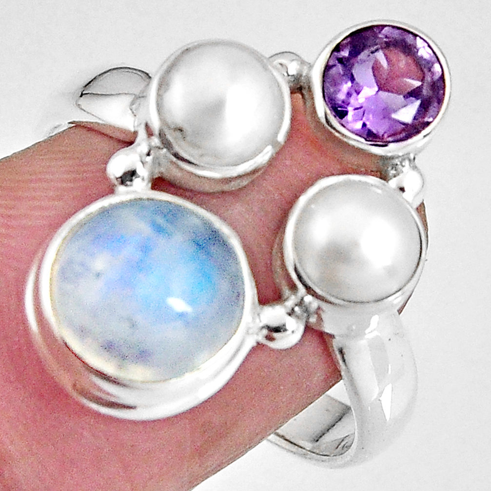 7.82cts natural rainbow moonstone amethyst pearl 925 silver ring size 8.5 p90657