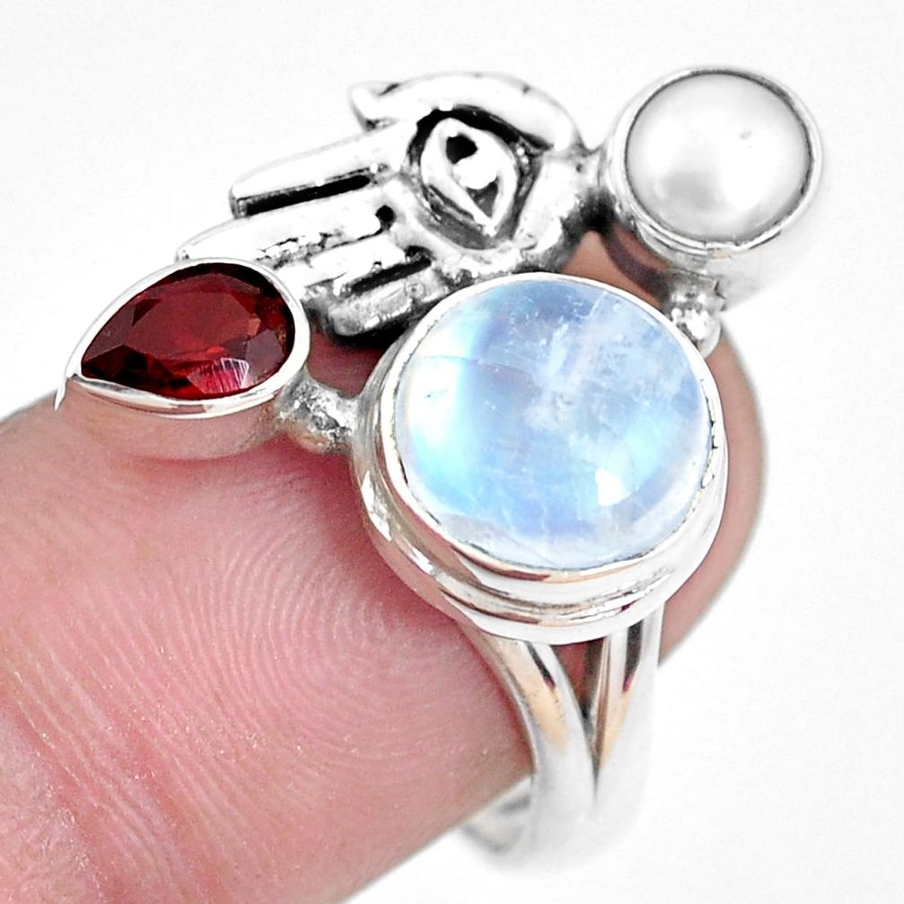 6.63cts natural rainbow moonstone garnet 925 sterling silver ring size 8 p42894