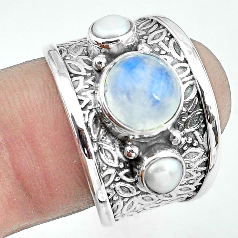 5.17cts natural rainbow moonstone pearl 925 sterling silver ring size 8 p68495