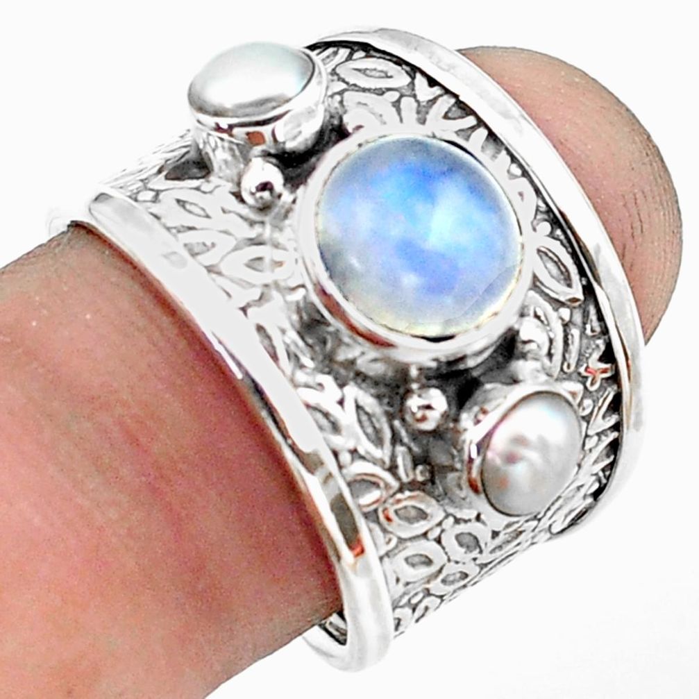 5.34cts natural rainbow moonstone pearl 925 sterling silver ring size 7.5 p74839