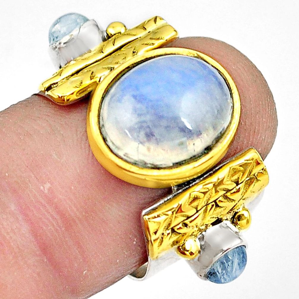 6.58cts natural rainbow moonstone silver 14k gold solitaire ring size 6.5 p81133