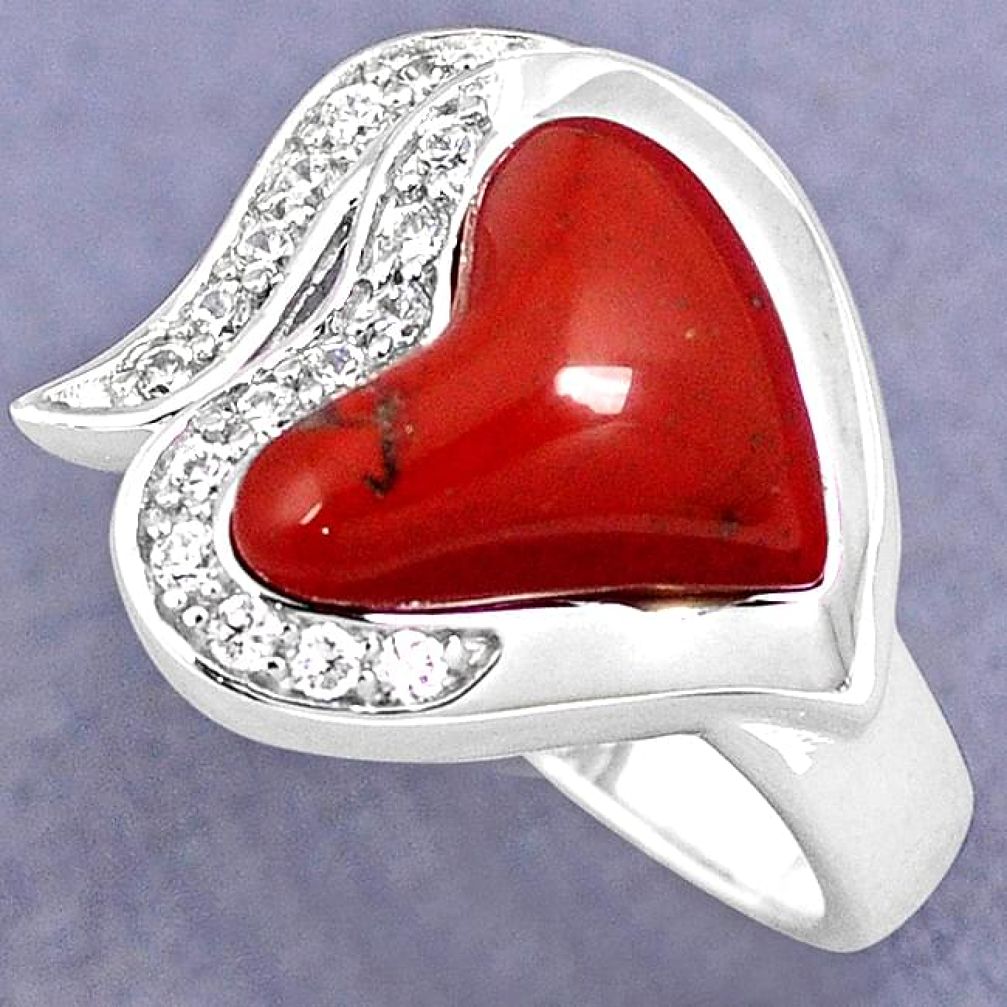 NATURAL RED MOOKAITE WHITE TOPAZ 925 SILVER HEART RING JEWELRY SIZE 7 H3901