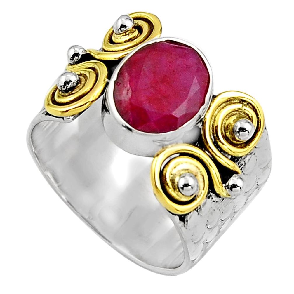 4.48cts natural red ruby 925 silver 14k gold solitaire ring size 8.5 p91147