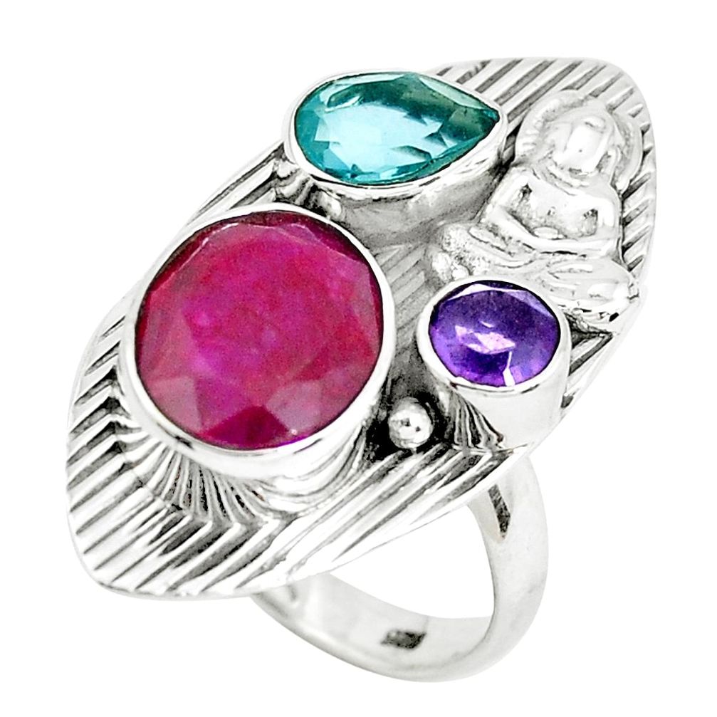 Natural red ruby 925 silver buddha meditation ring jewelry size 7.5 d31371