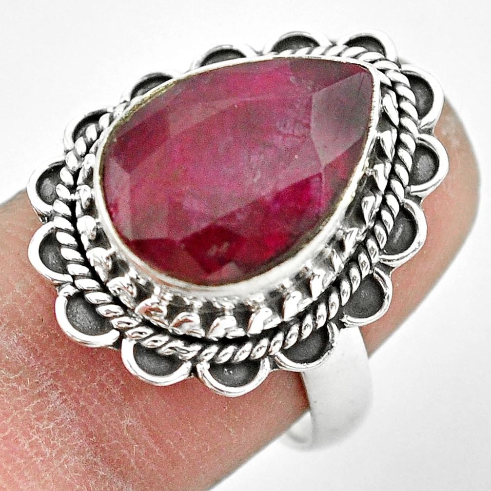 6.58cts natural red ruby 925 sterling silver solitaire ring size 7 p61677