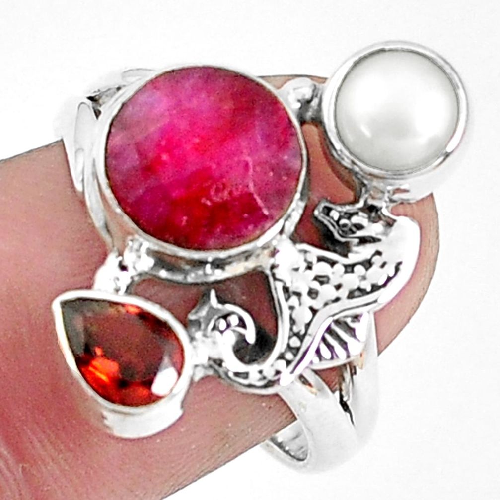 6.31cts natural red ruby garnet 925 sterling silver seahorse ring size 8 p42801