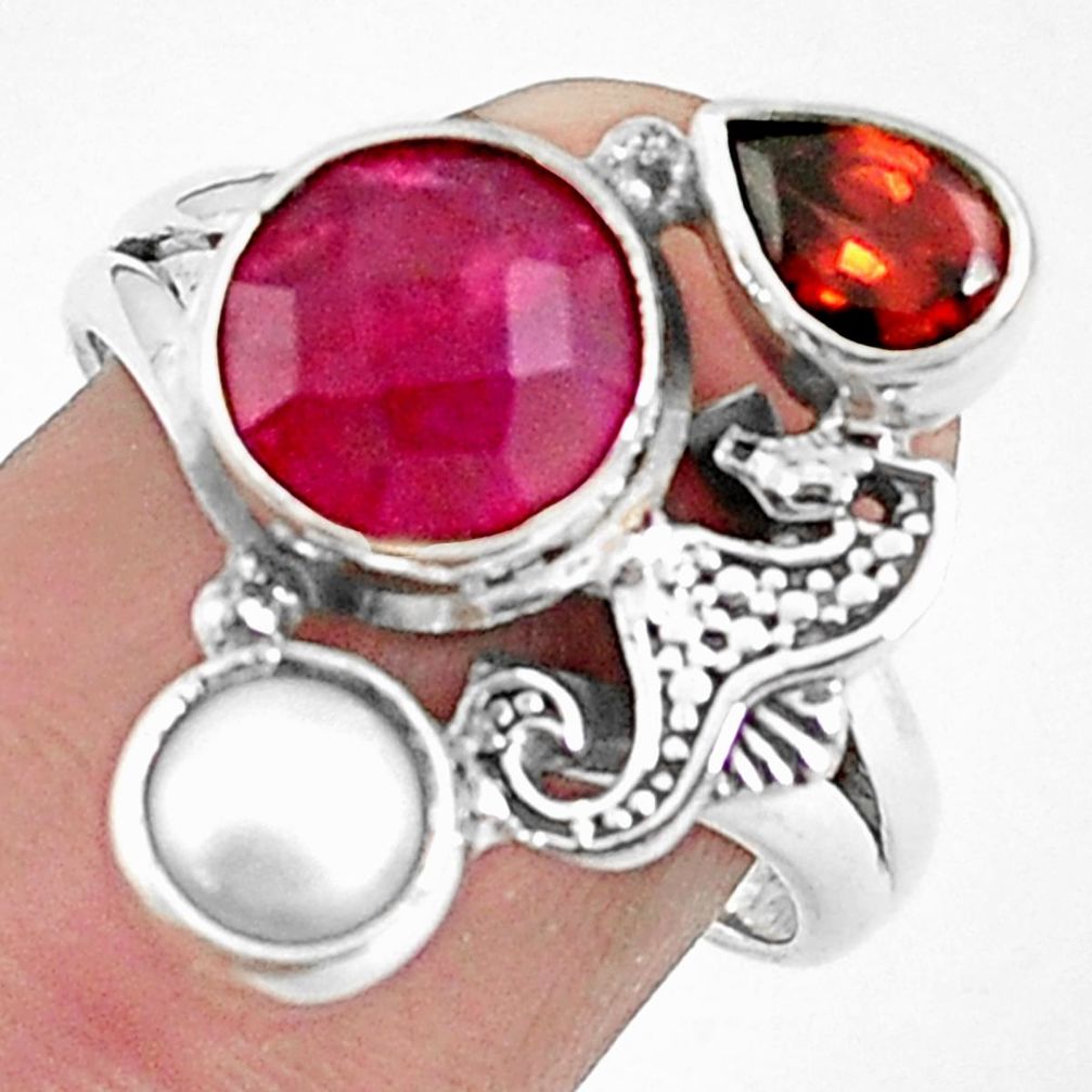 6.58cts natural red ruby garnet 925 sterling silver seahorse ring size 8 p42810