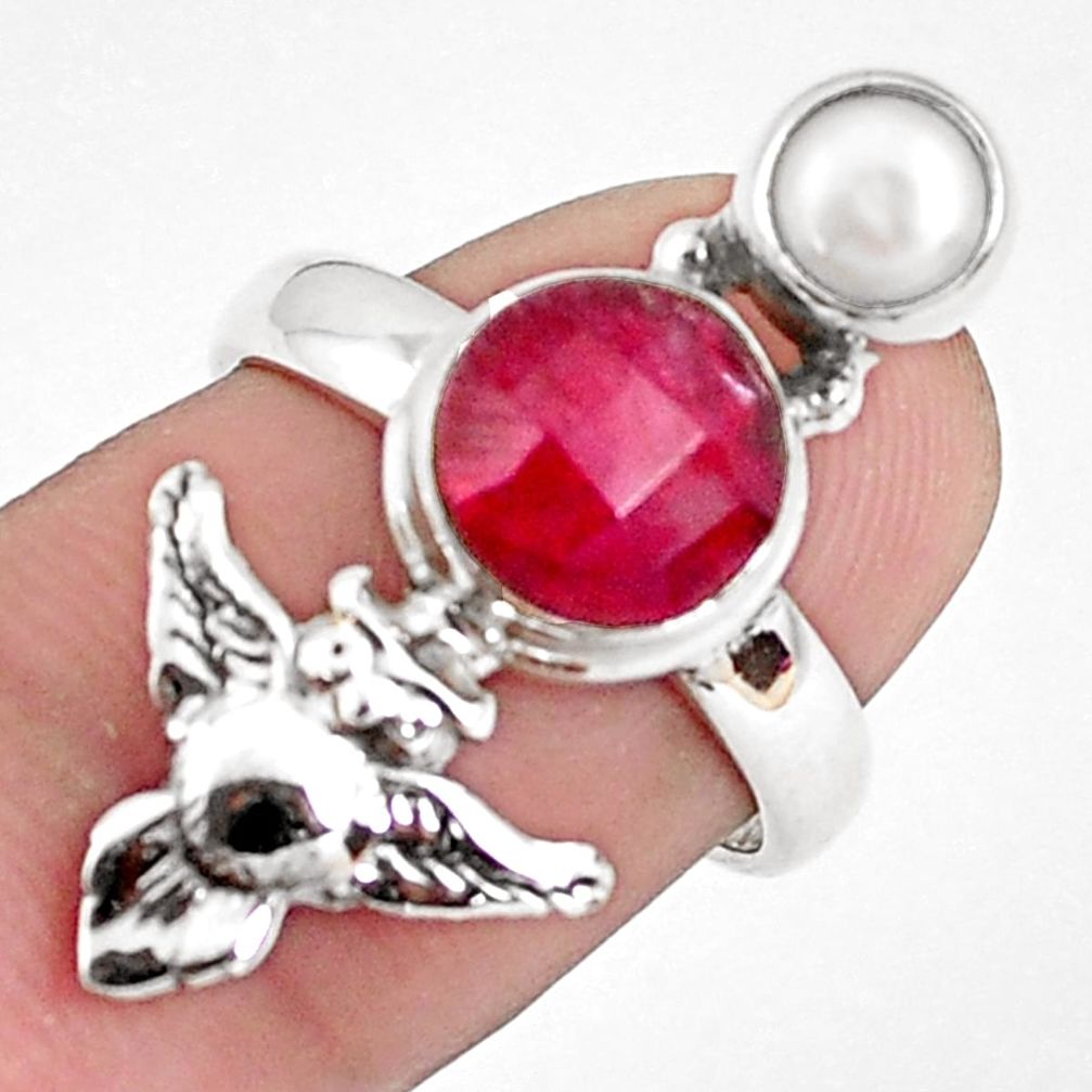 4.52cts natural red ruby pearl 925 sterling silver ring jewelry size 6.5 p42803