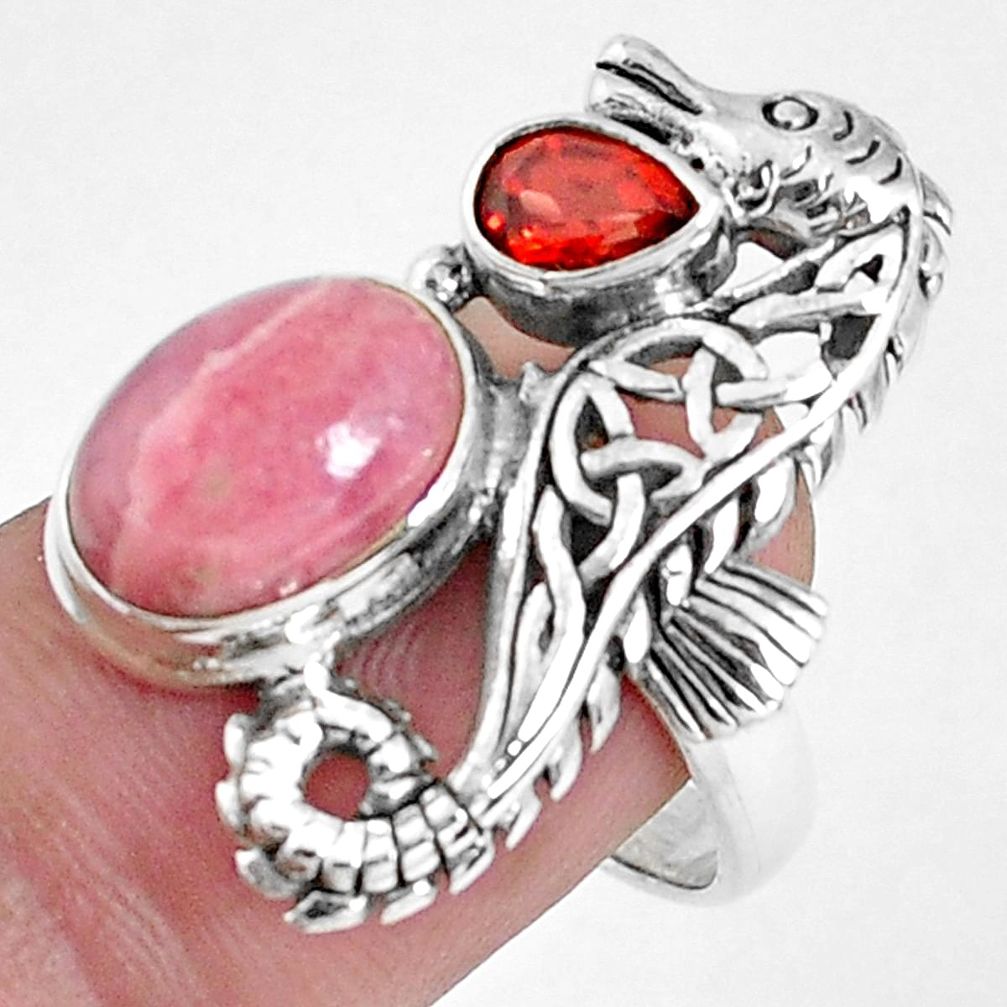 7.13cts natural rhodochrosite inca rose 925 silver seahorse ring size 8.5 p42765