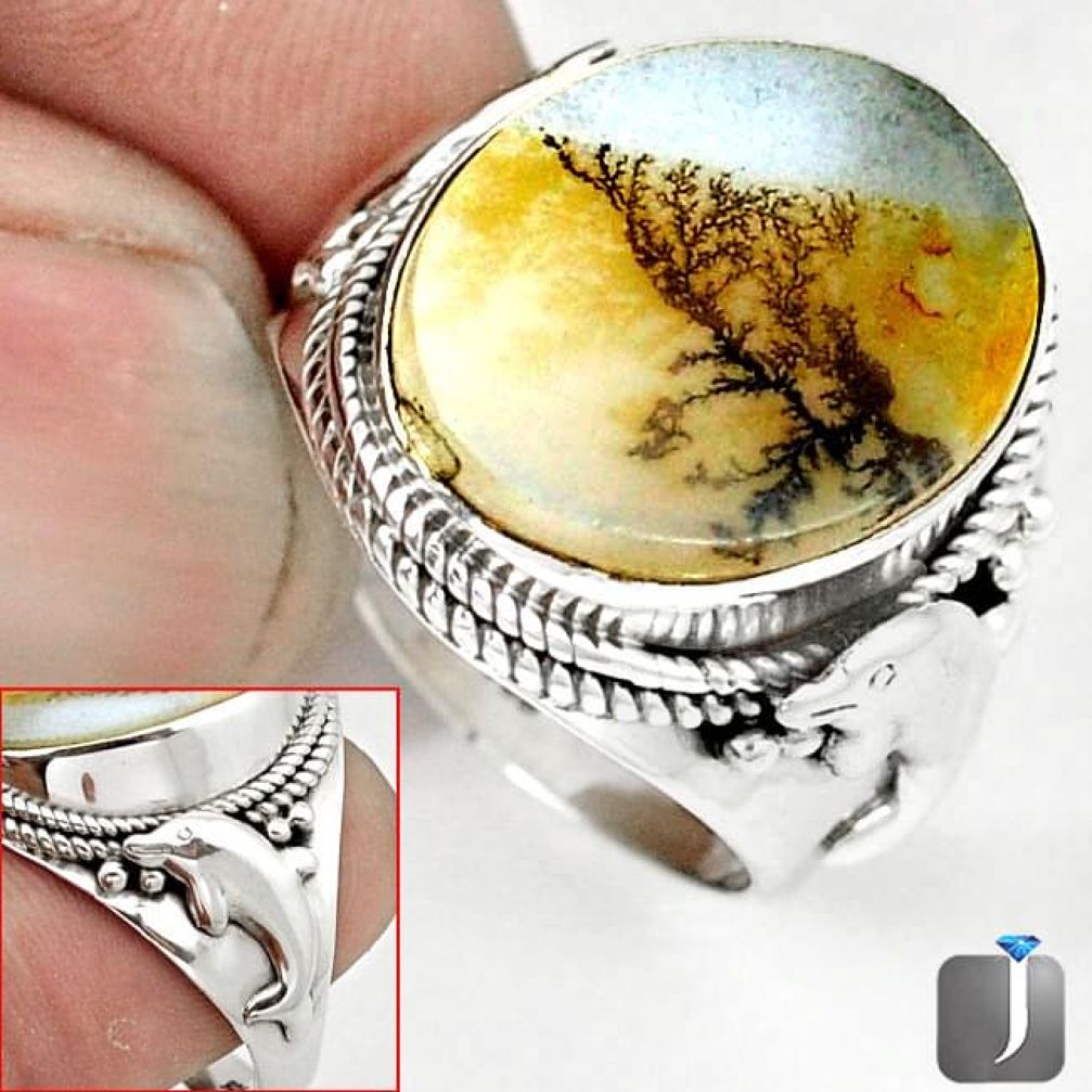 NATURAL SCENIC RUSSIAN DENDRITIC AGATE 925 SILVER DOLPHIN RING SIZE 8.5 G52445