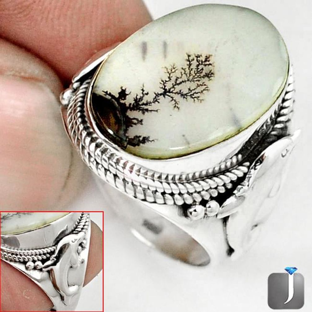 NATURAL SCENIC RUSSIAN DENDRITIC AGATE 925 SILVER DOLPHIN RING SIZE 8 G52448