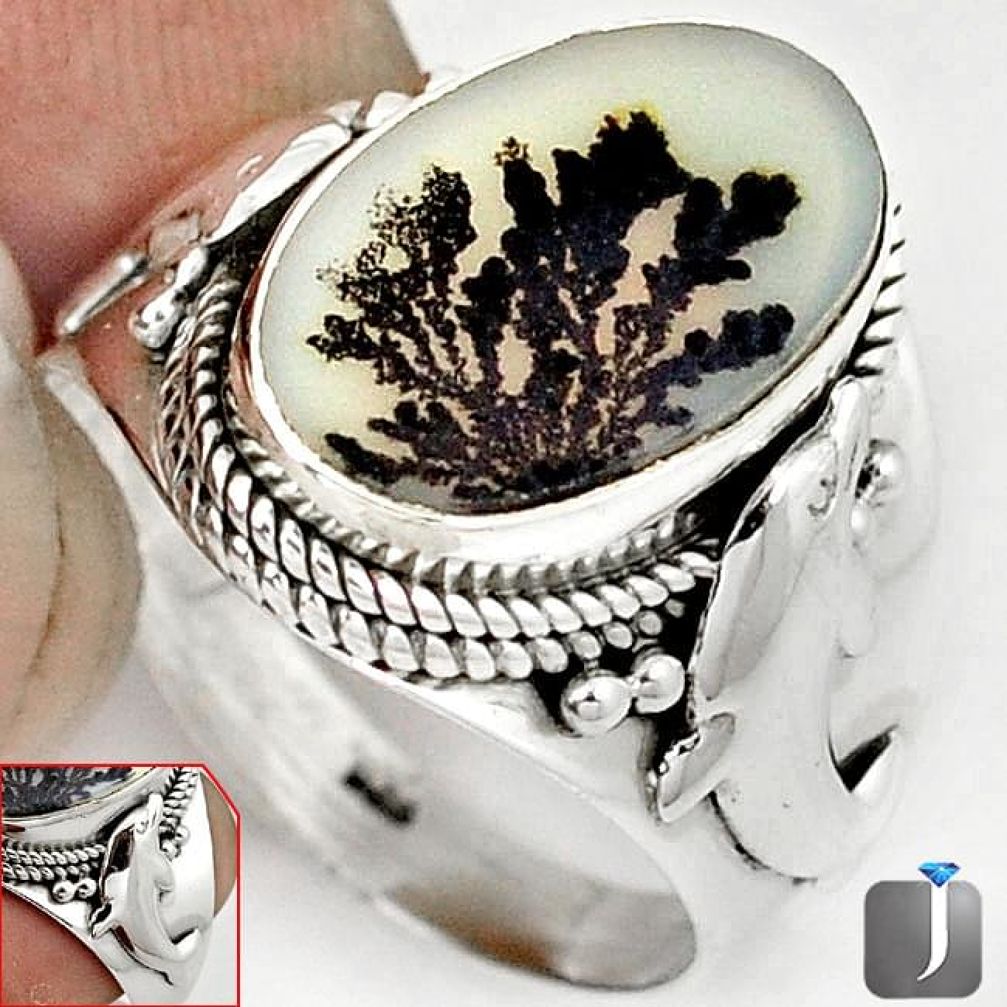 NATURAL SCENIC RUSSIAN DENDRITIC AGATE 925 SILVER DOLPHIN RING SIZE 9.5 G52453