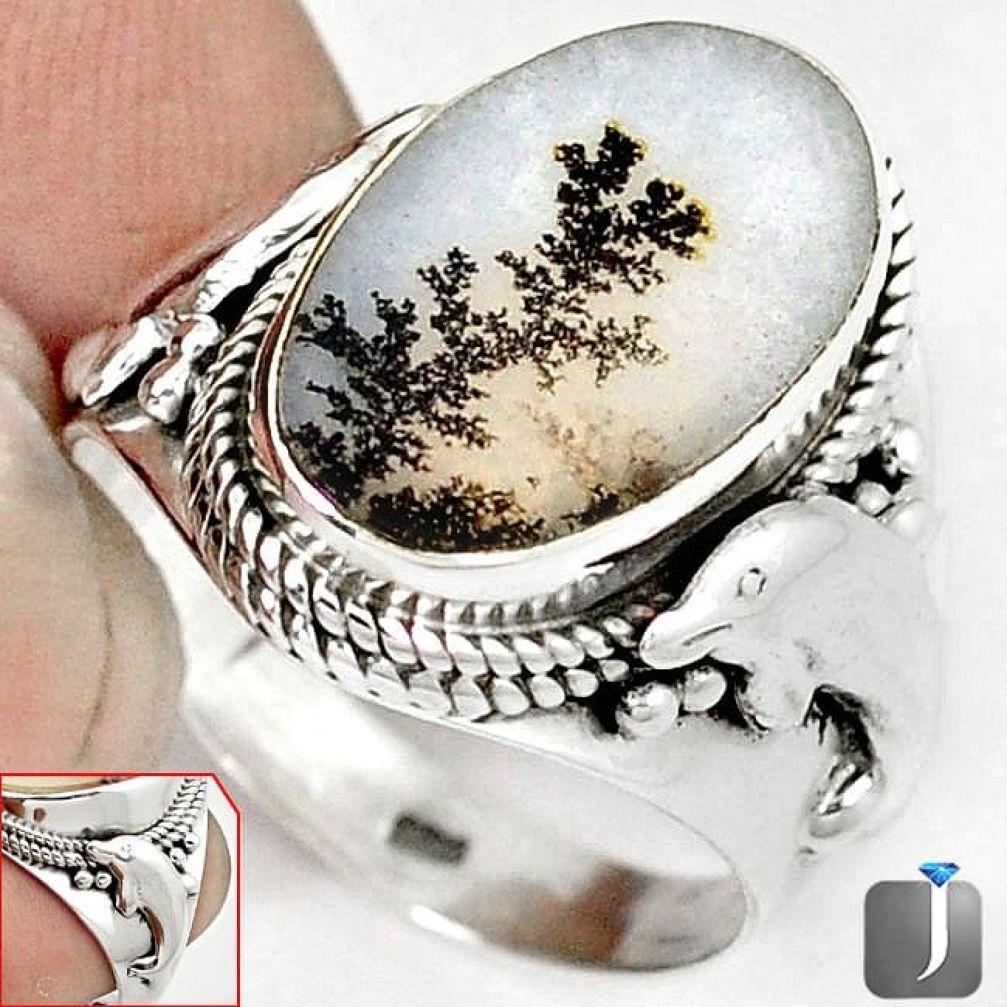 NATURAL SCENIC RUSSIAN DENDRITIC AGATE 925 SILVER DOLPHIN RING SIZE 9 G52456