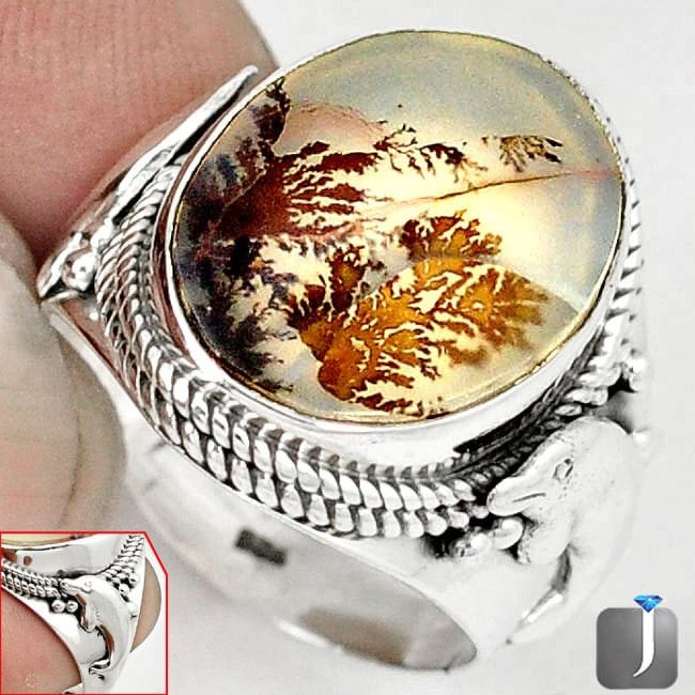 NATURAL SCENIC RUSSIAN DENDRITIC AGATE 925 SILVER DOLPHIN RING SIZE 8 G52459