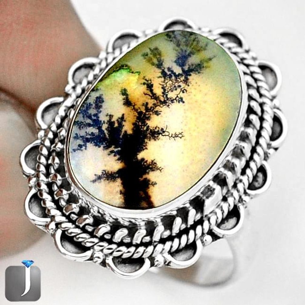 NATURAL SCENIC RUSSIAN DENDRITIC AGATE 925 SILVER RING JEWELRY SIZE 8 G28875
