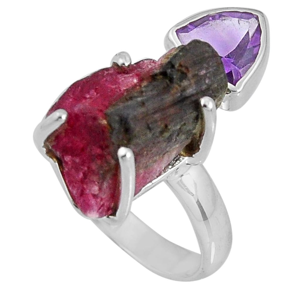 Natural watermelon tourmaline amethyst 925 silver solitaire ring size 7 d32602