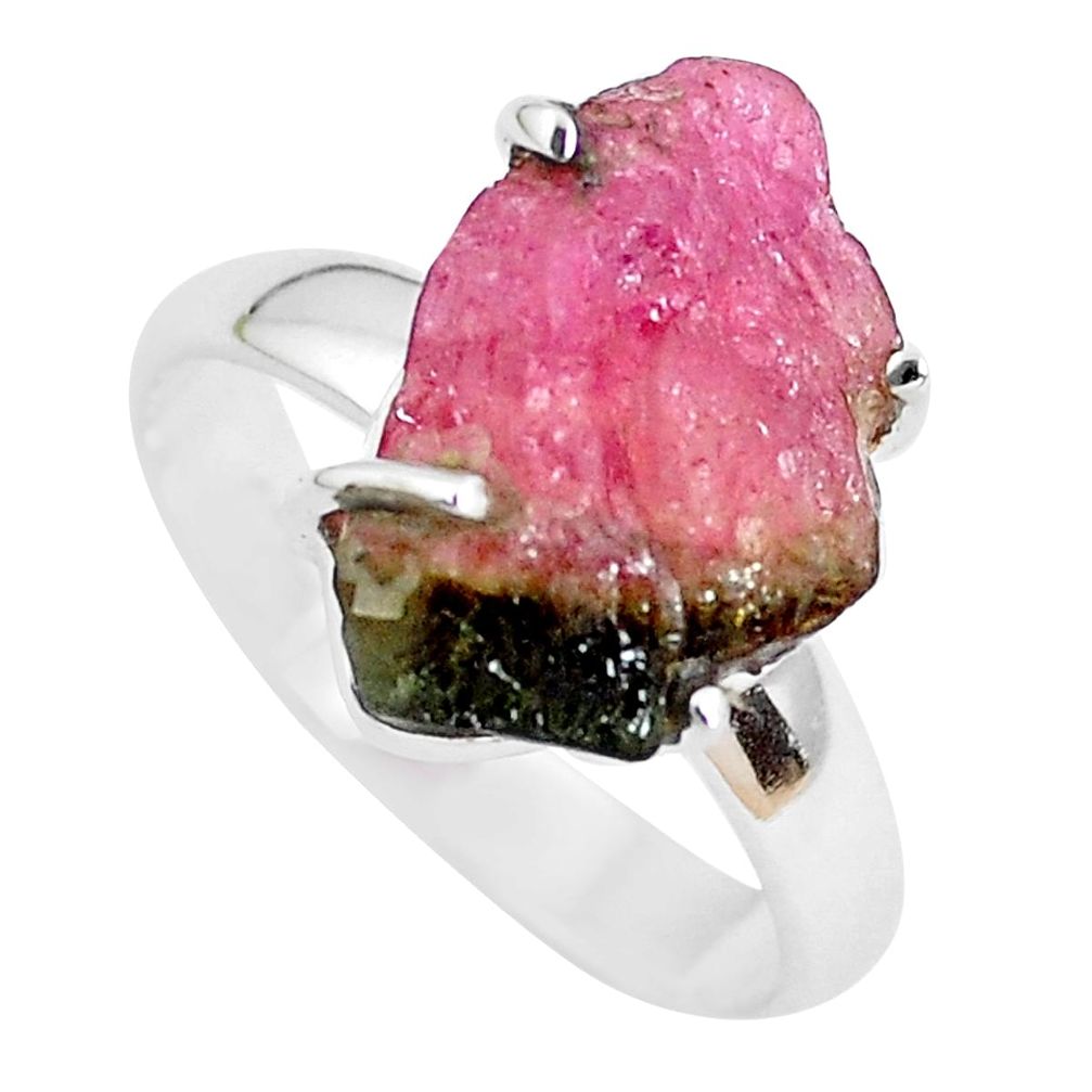 Natural watermelon tourmaline rough 925 silver solitaire ring size 7 p48491