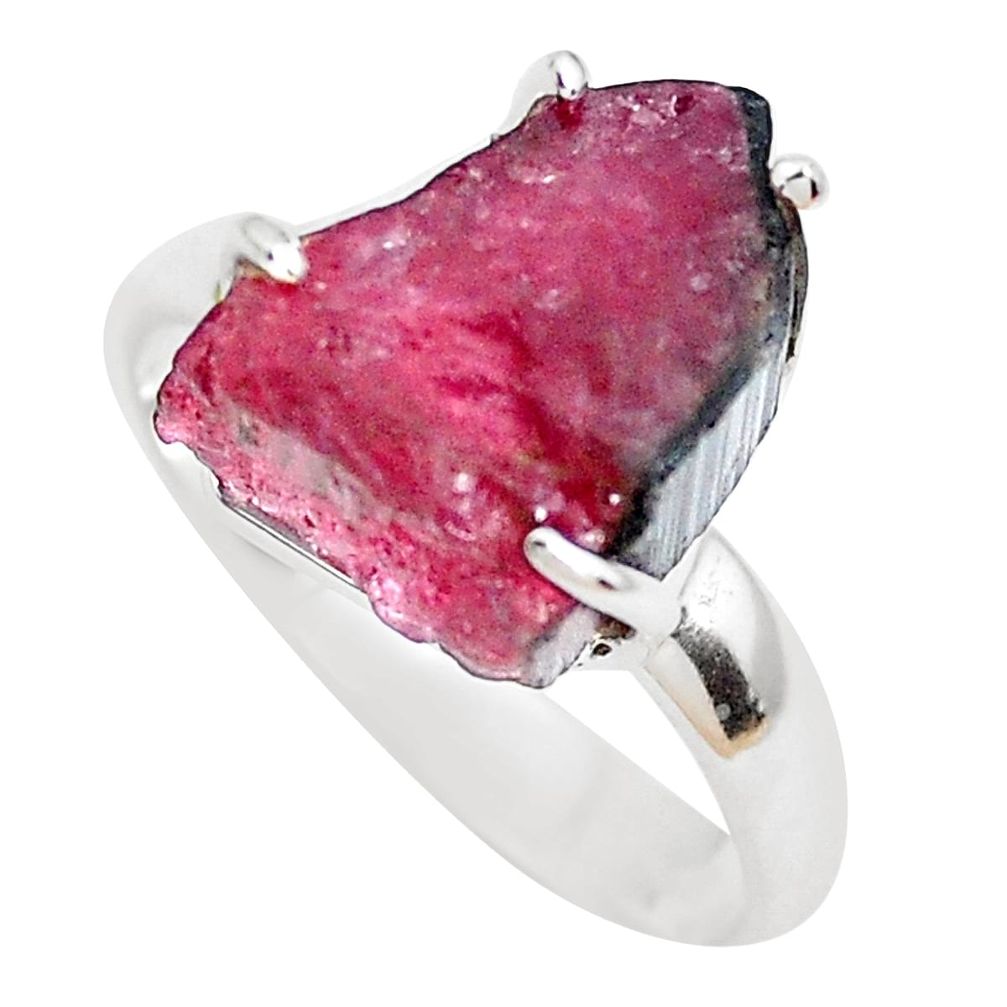 Natural watermelon tourmaline rough 925 silver solitaire ring size 8 p48496