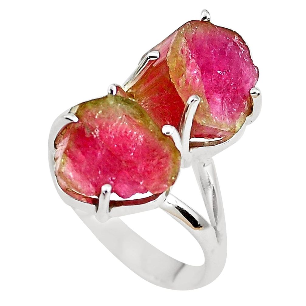 Natural watermelon tourmaline rough 925 silver solitaire ring size 8 p48510