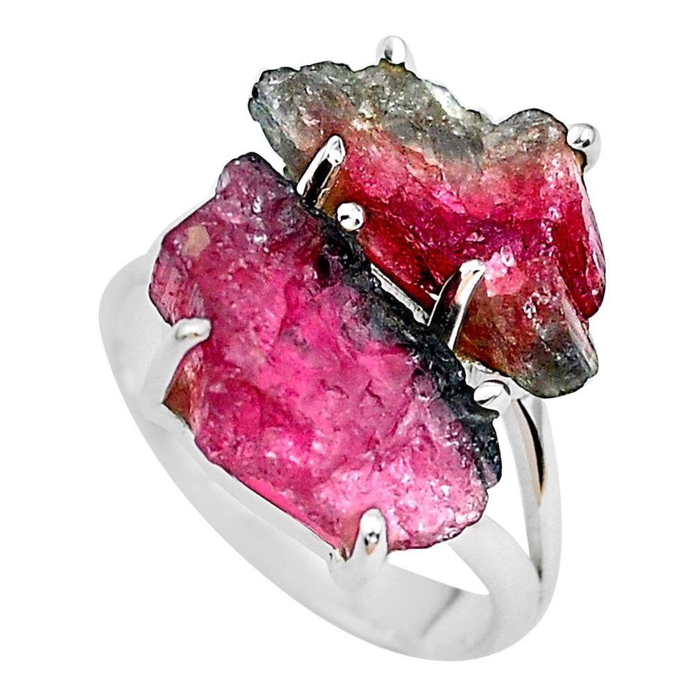 Natural watermelon tourmaline rough 925 silver solitaire ring size 7 p48517