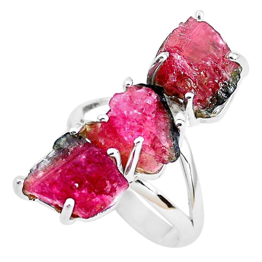 Natural watermelon tourmaline rough 925 silver solitaire ring size 8 p48534