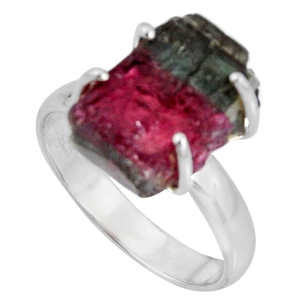 10.29cts natural watermelon tourmaline rough fancy 925 silver ring size 8 d32617