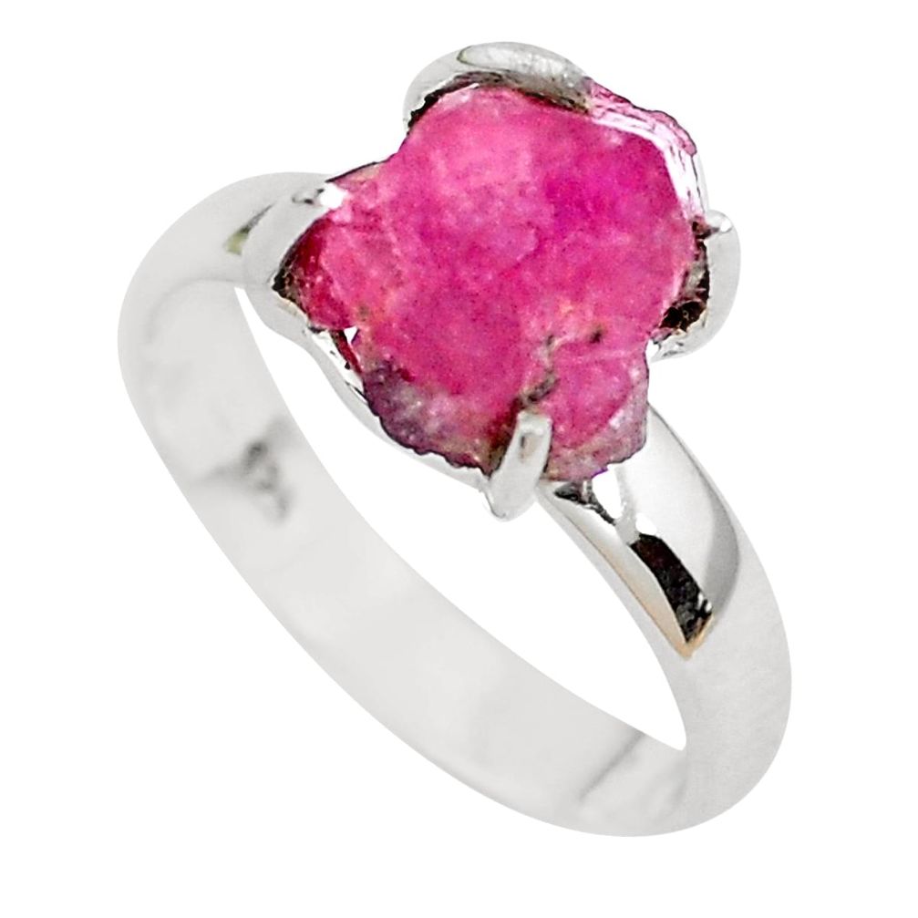 4.28cts natural watermelon tourmaline rough silver solitaire ring size 6 p48458