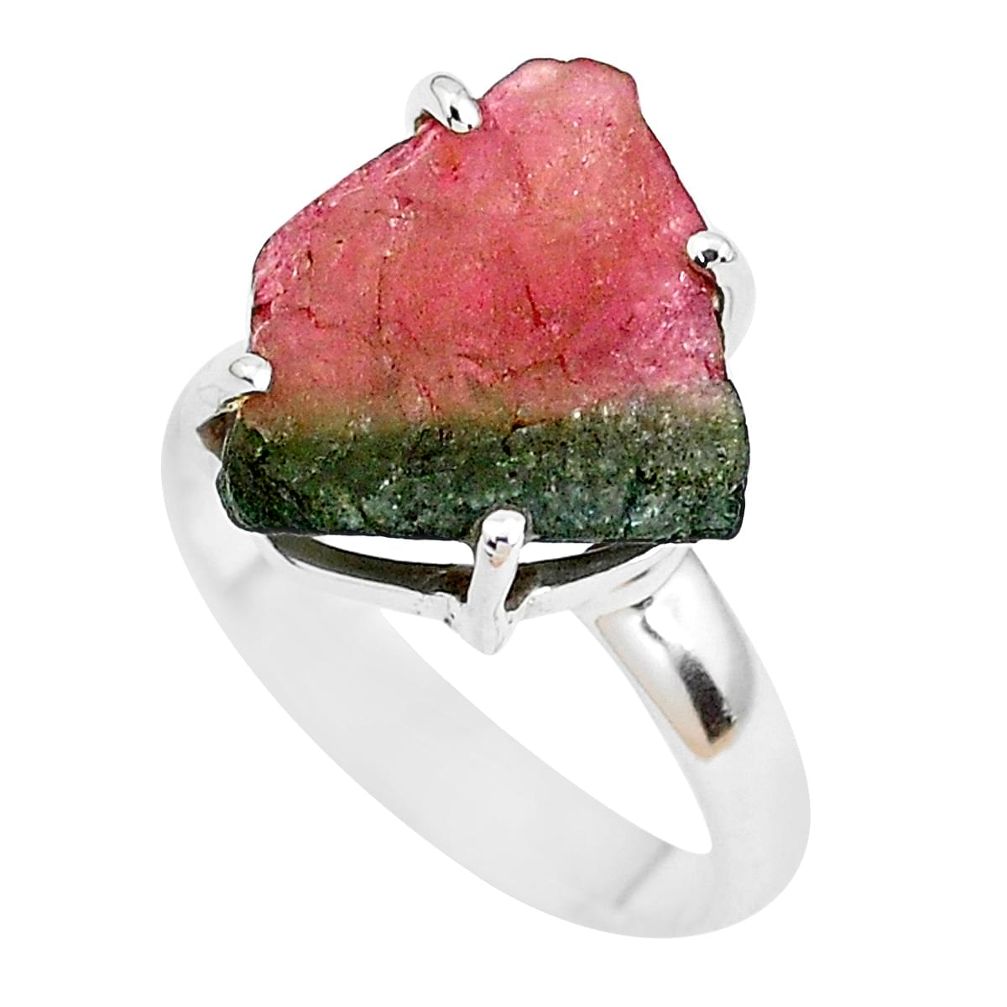 5.43cts natural watermelon tourmaline rough silver solitaire ring size 7 p48461