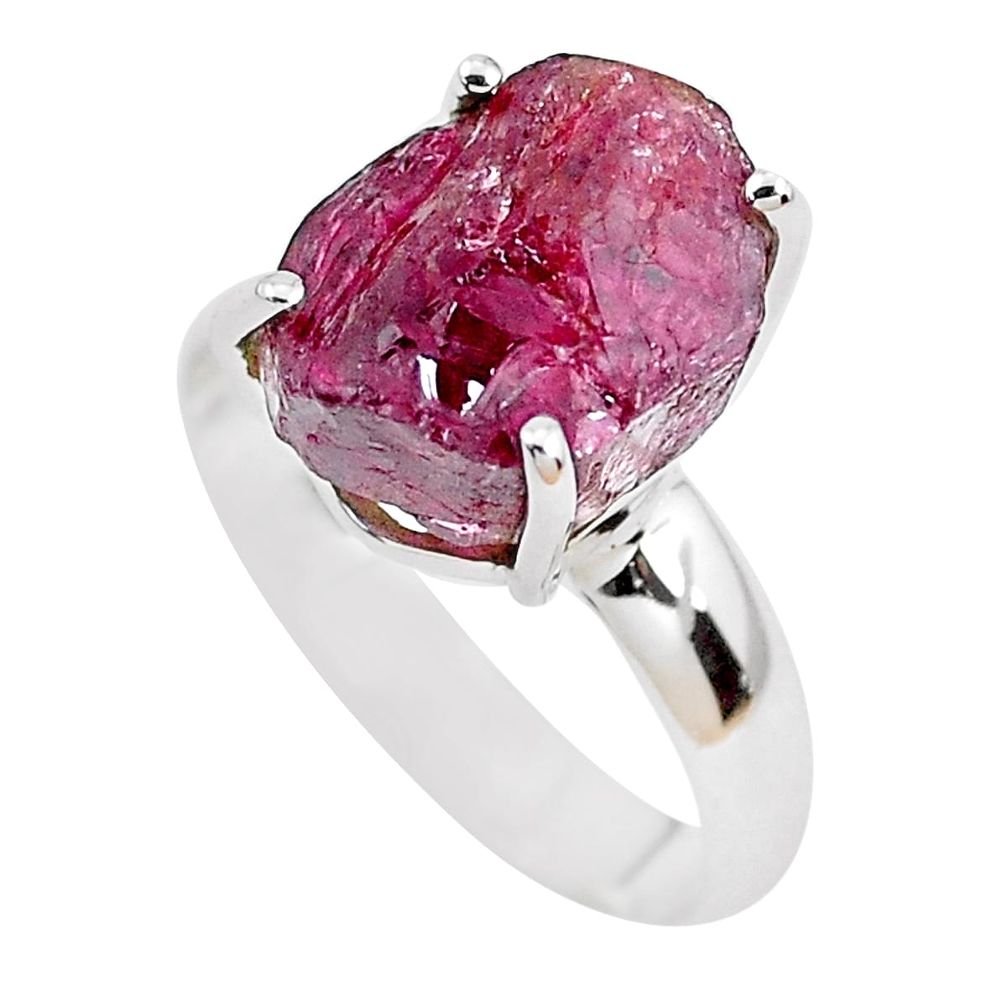 5.66cts natural watermelon tourmaline rough silver solitaire ring size 7 p48474