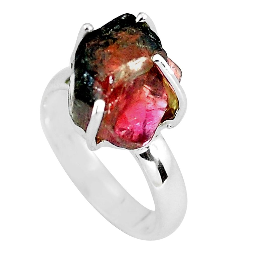 7.00cts natural watermelon tourmaline rough silver solitaire ring size 6 p60500