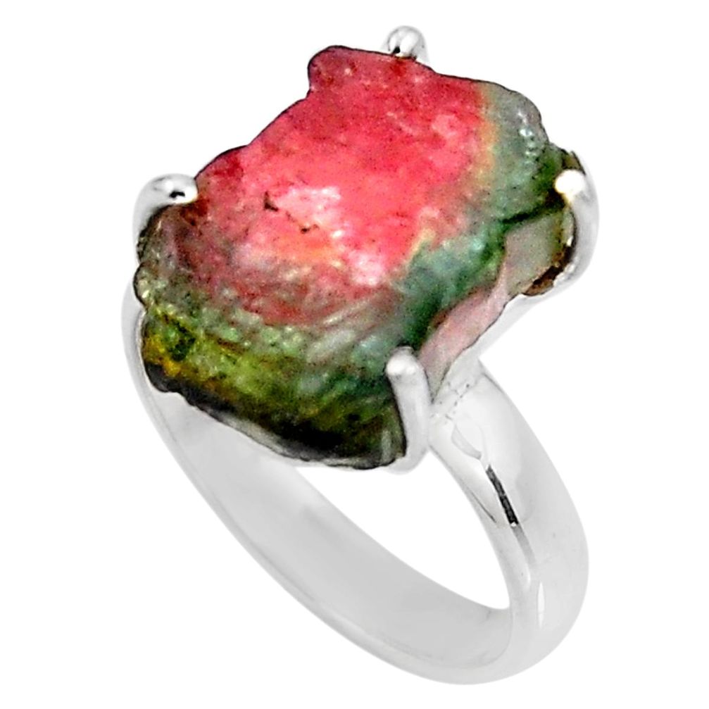 7.33cts natural watermelon tourmaline rough silver solitaire ring size 7 p92606