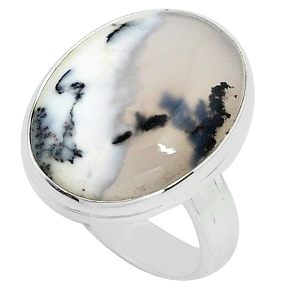 14.40cts natural white dendrite opal 925 silver solitaire ring size 8.5 p80528
