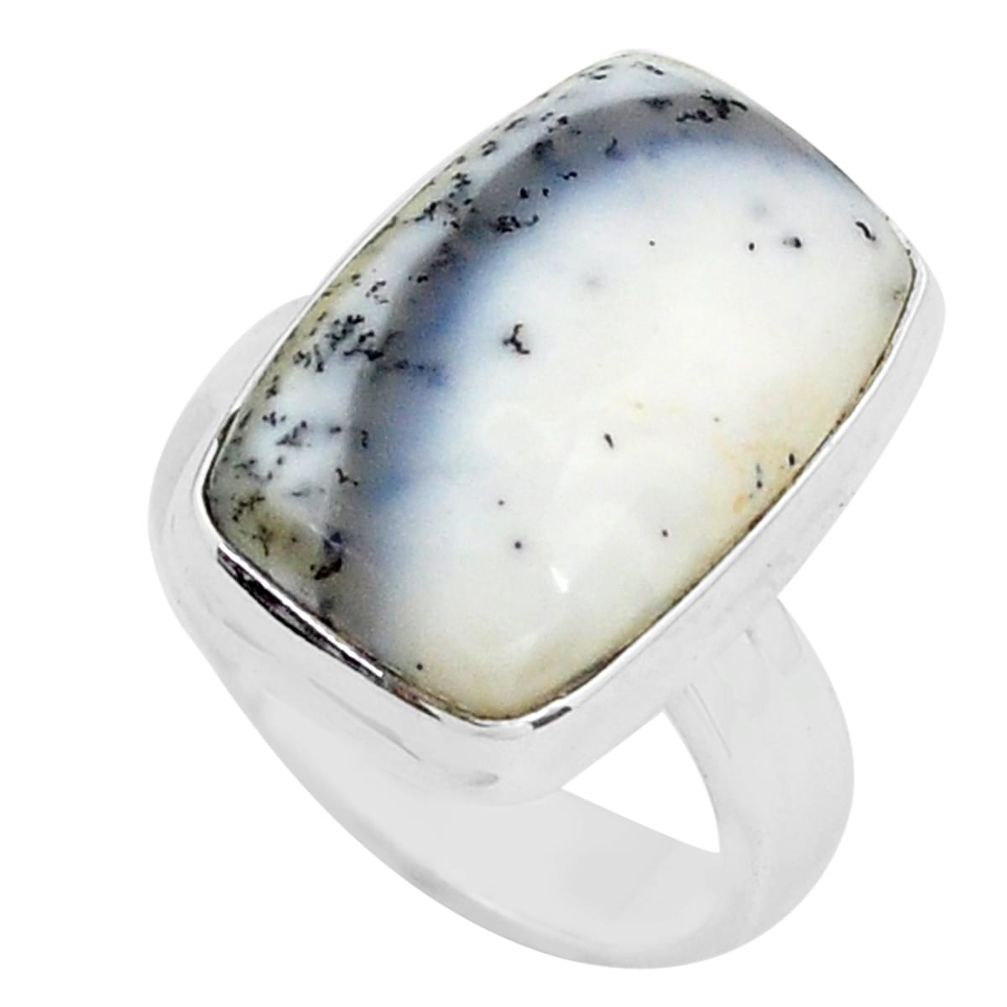 13.27cts natural white dendrite opal 925 silver solitaire ring size 6.5 p80790