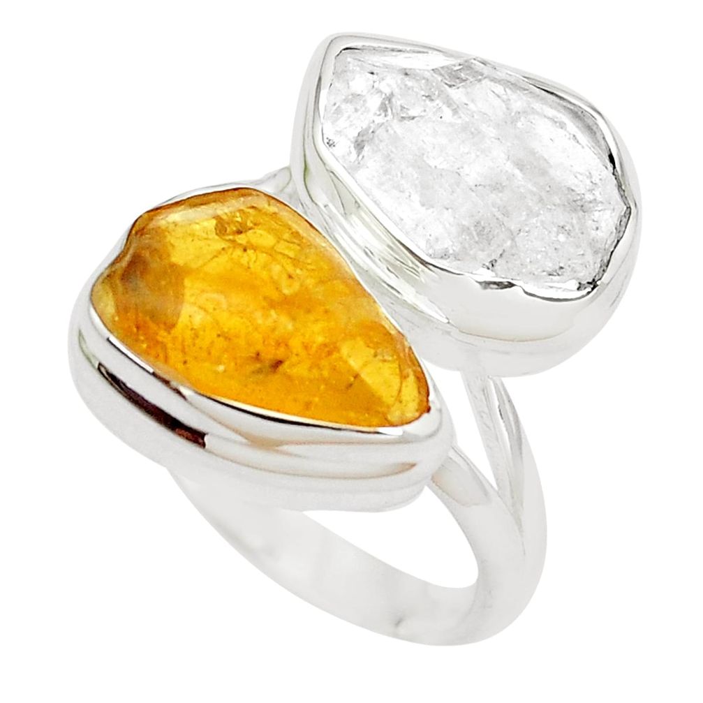 Natural white herkimer diamond amber from colombia silver ring size 8 p35683