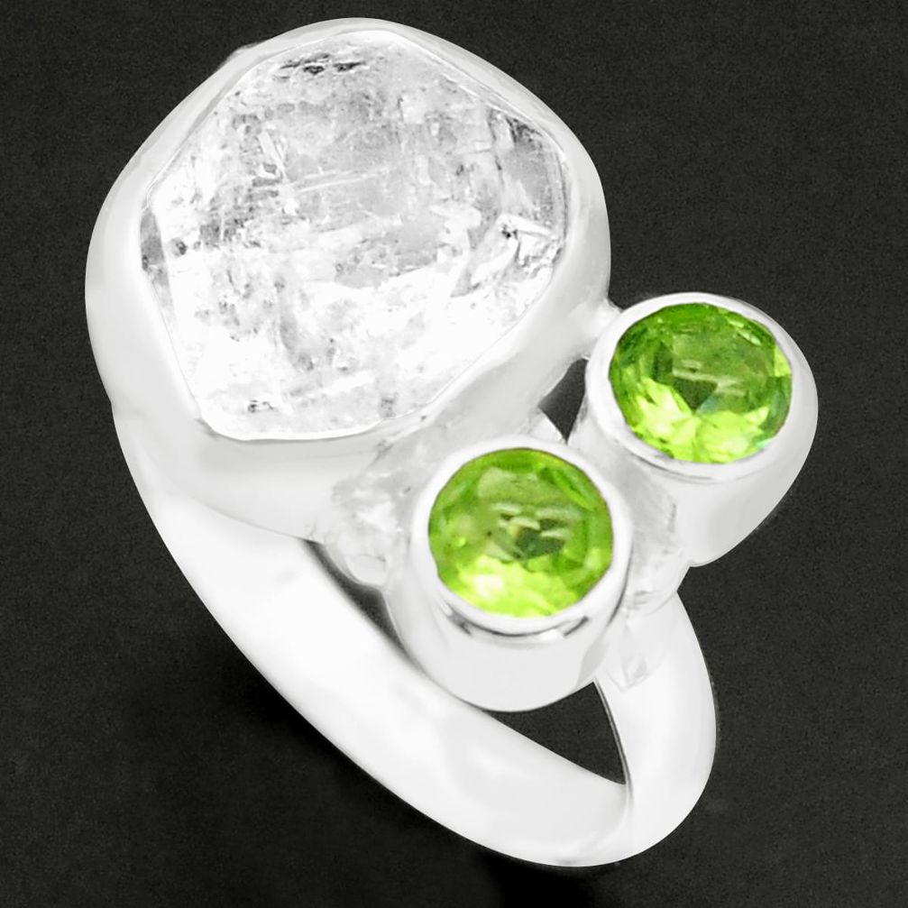 8.77cts natural white herkimer diamond peridot 925 silver ring size 7 p74041