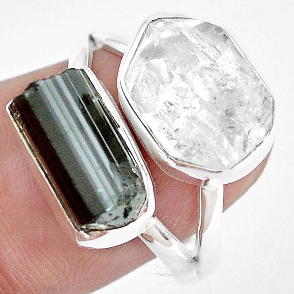 Natural white herkimer diamond tourmaline rough 925 silver ring size 7 p44261