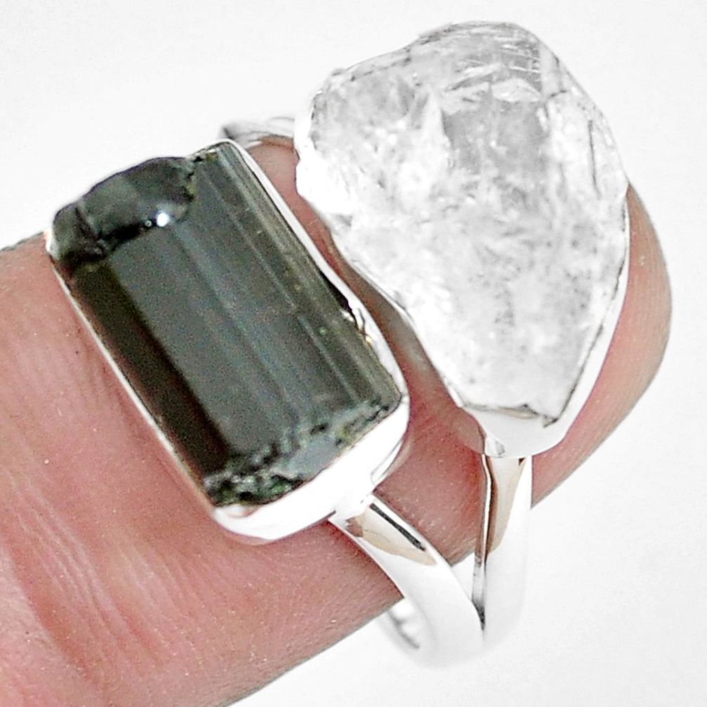 Natural white herkimer diamond tourmaline rough 925 silver ring size 8 p44263