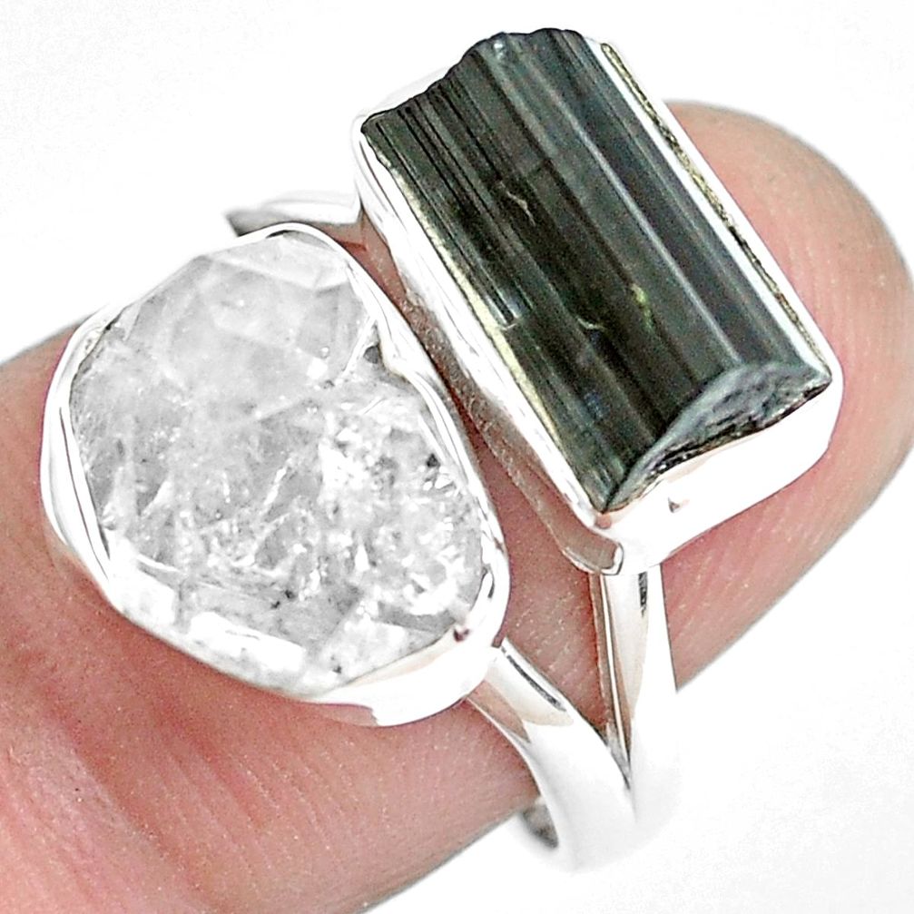 Natural white herkimer diamond tourmaline rough 925 silver ring size 7 p44266