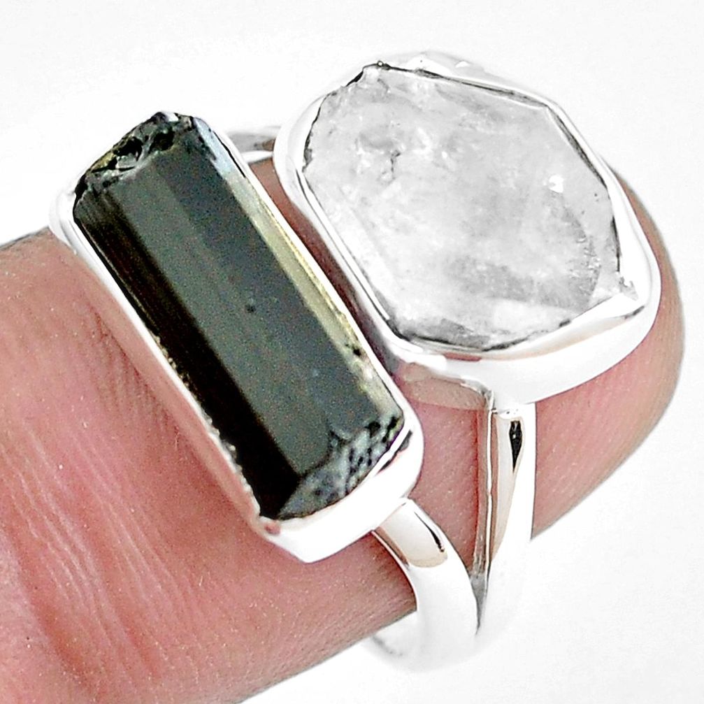 Natural white herkimer diamond tourmaline rough 925 silver ring size 7 p44271