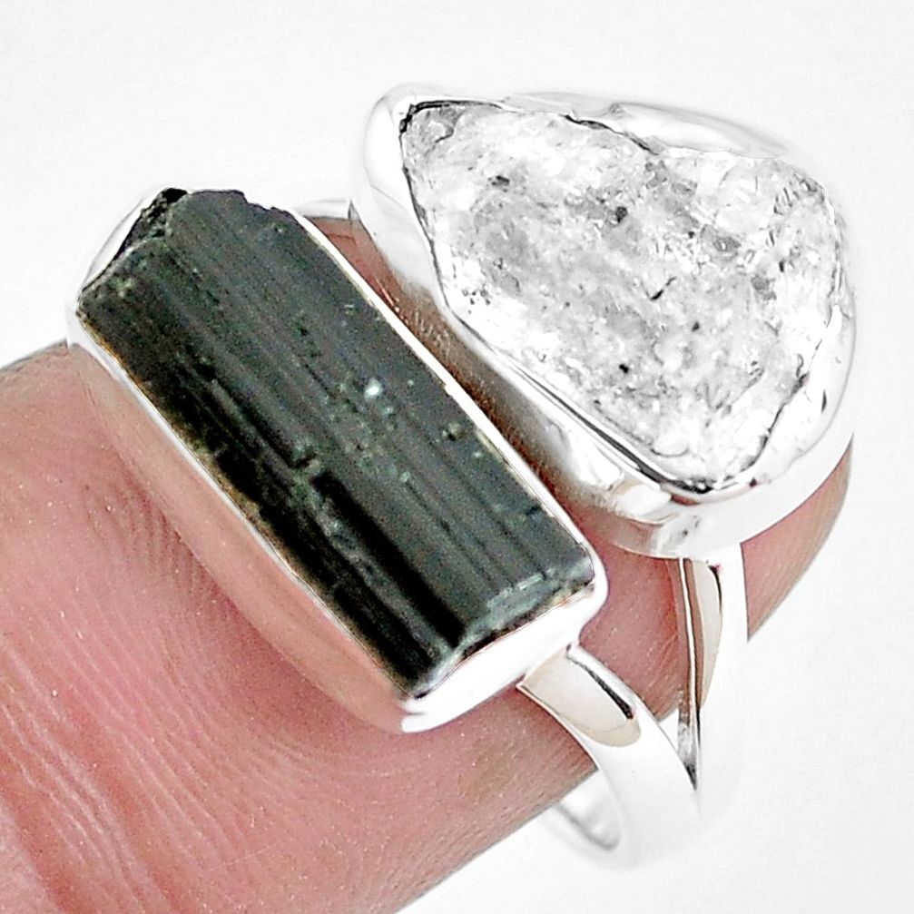 Natural white herkimer diamond tourmaline rough 925 silver ring size 8 p44275