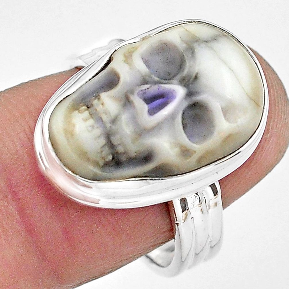 10.81cts natural white howlite 925 silver skull solitaire ring size 7.5 p88237