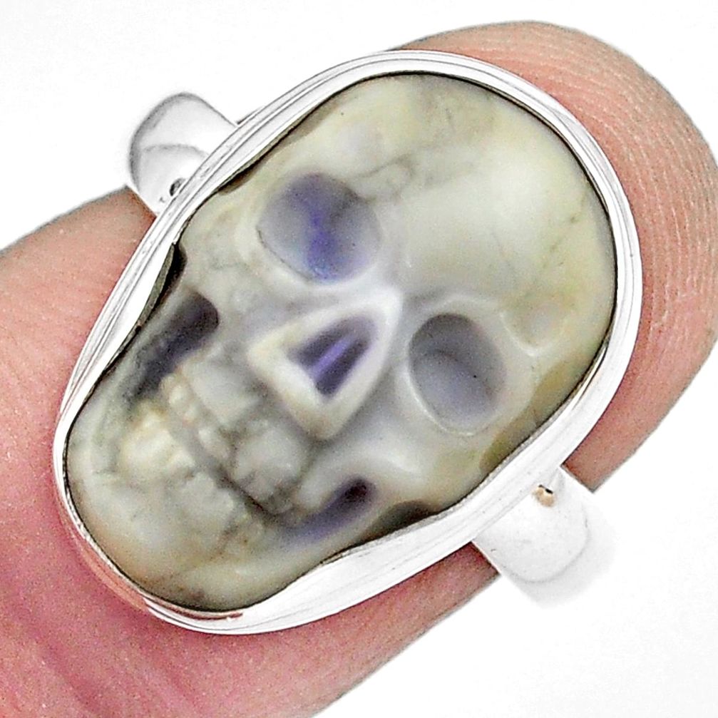 9.99cts natural white howlite 925 silver skull solitaire ring size 7 p88241