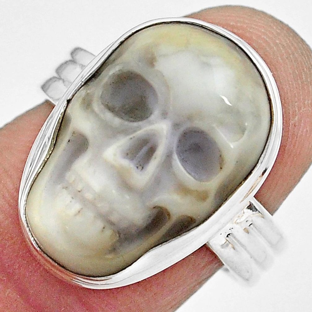 10.41cts natural white howlite 925 silver skull solitaire ring size 7 p88243