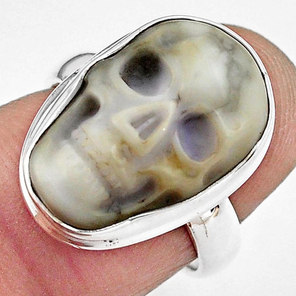 9.99cts natural white howlite 925 silver skull solitaire ring size 6 p88277