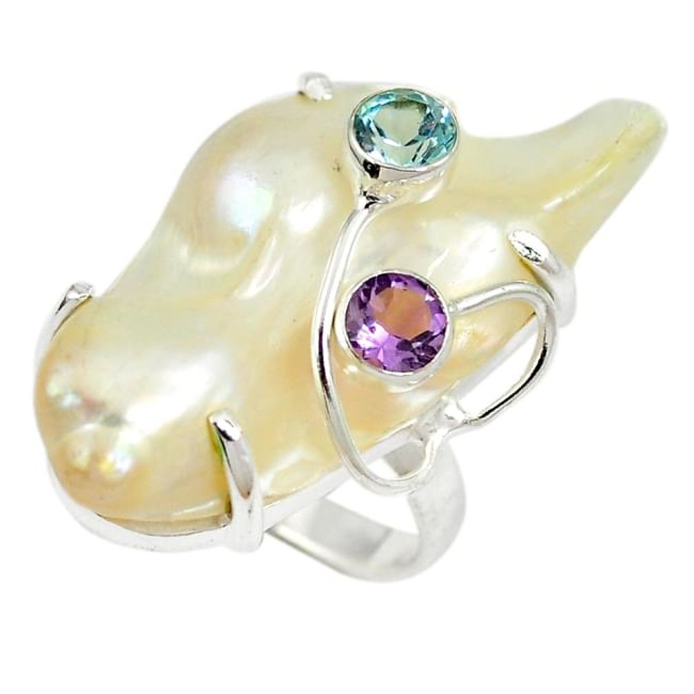 Natural white mother of pearl amethyst 925 sterling silver ring size 8 h68458