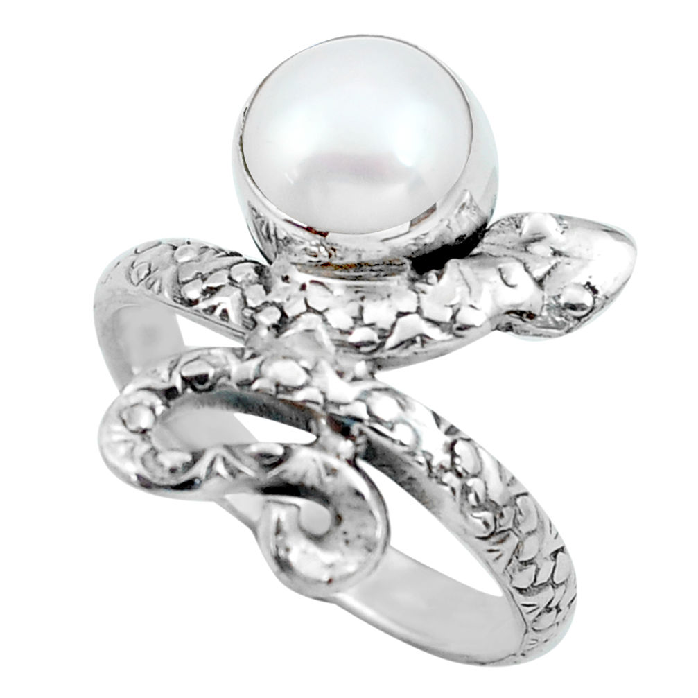 3.42cts natural white pearl 925 silver snake solitaire ring size 6 p62903