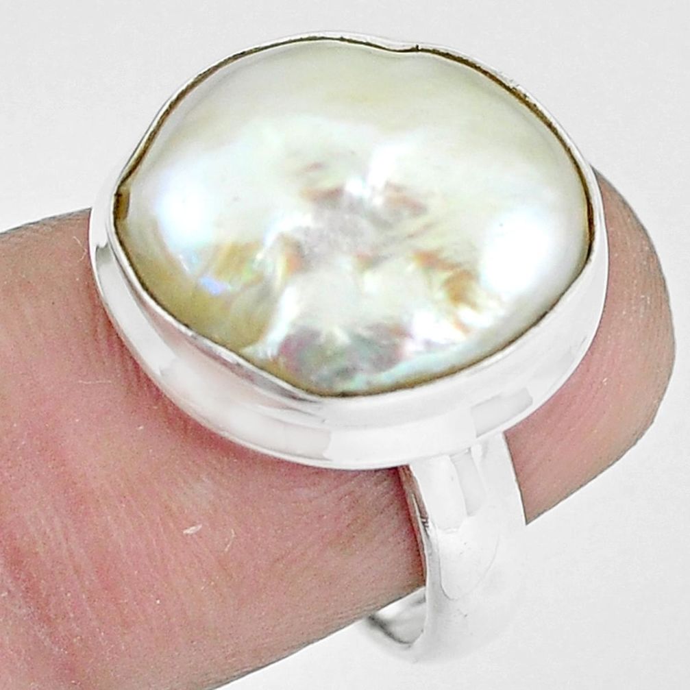 13.28cts natural white pearl 925 silver solitaire ring jewelry size 6 p60411